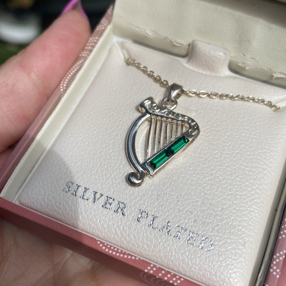 NWT Iris Celtic Harp Silver Plated With Green Crystals by Tara of Ireland